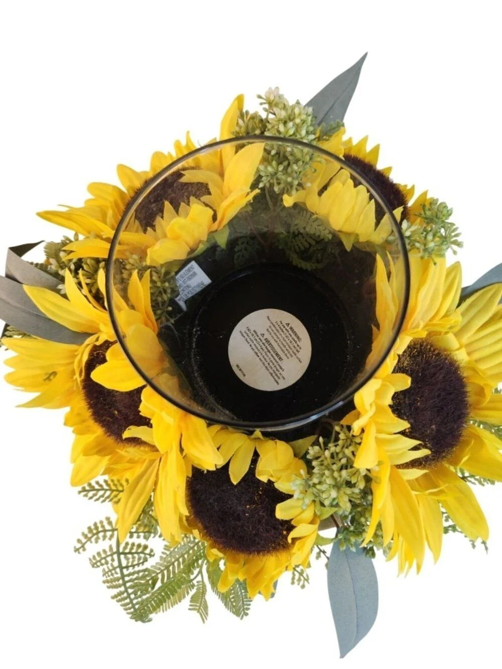 Sunflower Candle Holder Arrangement w/ Glass Hurricane on Distressed Pedestal